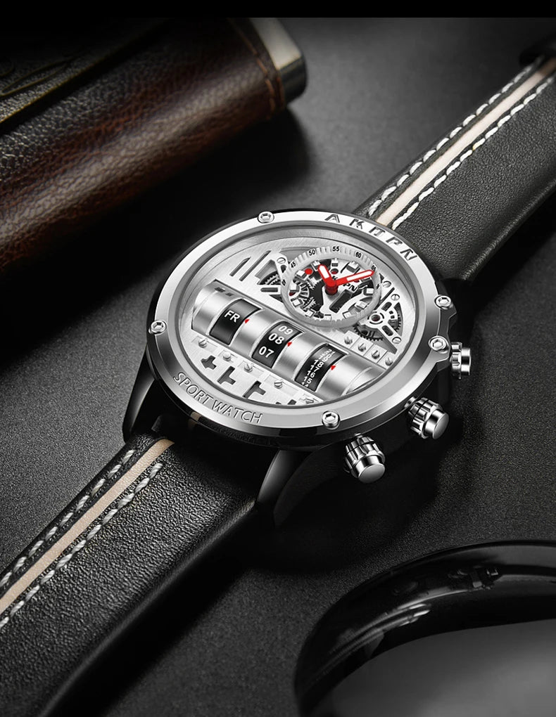Relógio Mecânico Masculino Luxo Criativo com Data Rotativa e Pulseira de Couro