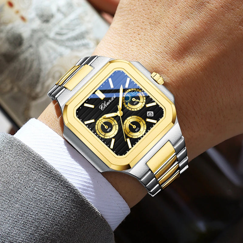 Relógio Masculino CHENXI Quadrado Clássico Multifuncional Cronógrafo Quartzo Luminoso à Prova d’Água