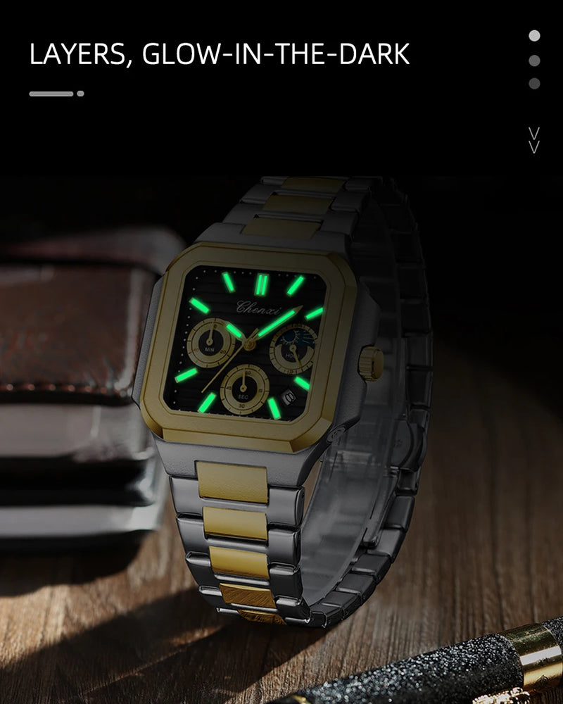 Relógio Masculino CHENXI Quadrado Clássico Multifuncional Cronógrafo Quartzo Luminoso à Prova d’Água