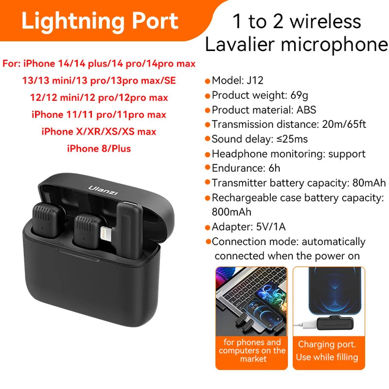 Microfone de Lapela Sem Fio Ulanzi J12 – Plug & Play, Mini, Ideal para Gravação de Áudio/Vídeo e Transmissão ao Vivo