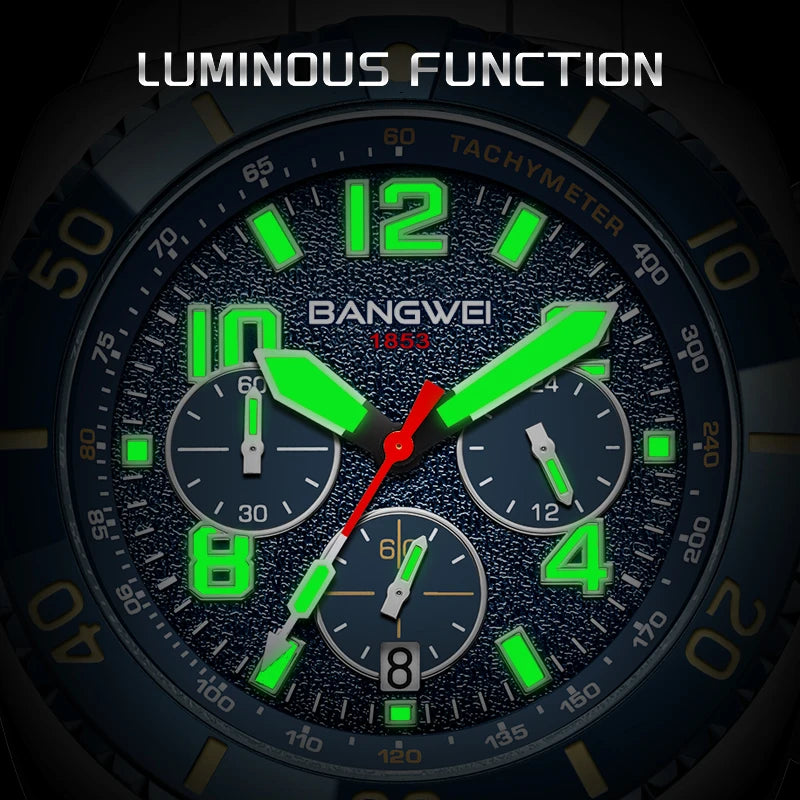 Relógio BANGWEI BW8818 Quartzo Masculino 44mm Aço Inoxidável com Vidro de Safira