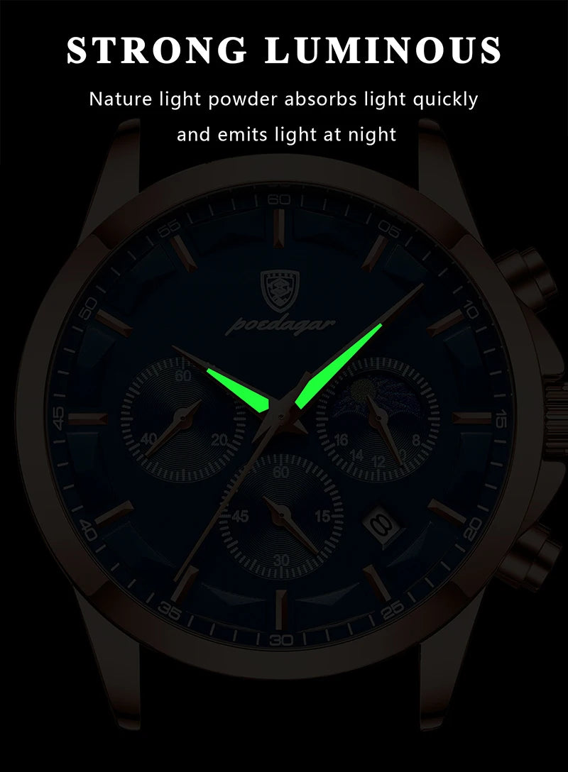 Relógio POEDAGAR Masculino Esportivo Luxo Aço Inox Cronógrafo Luminoso