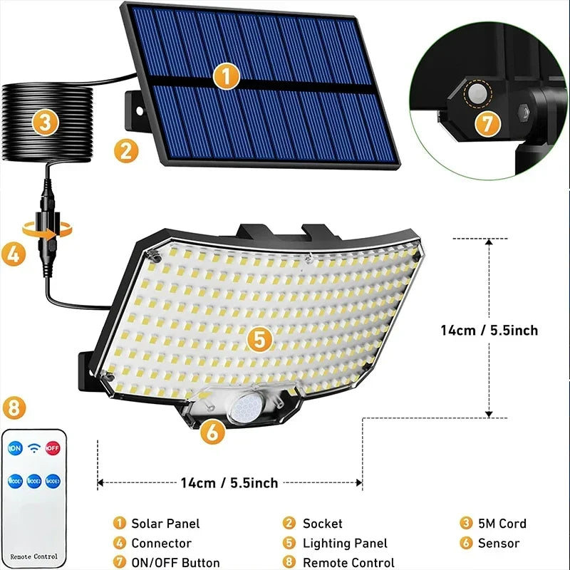 Lâmpada Solar Externa LED Super Brilhante com Sensor de Movimento, 3 Modos, IP65 à Prova d'Água