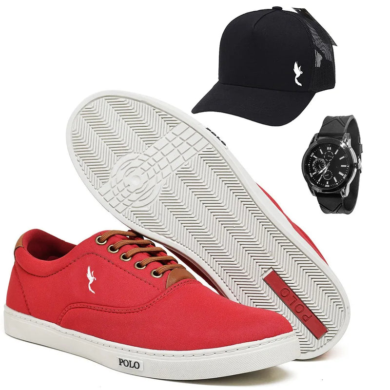 Kit 3pçs Tênis Masculino Polo + Relógio BRINDE + Boné