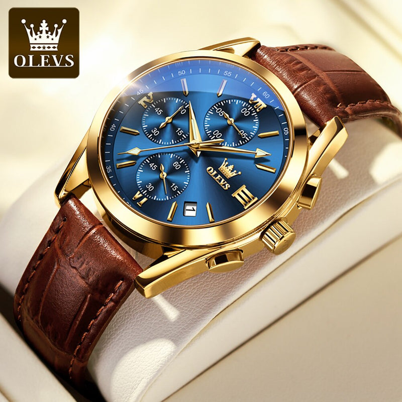 OLEVS 2872 Quartz Relógio Masculino Pulseira Couro Aço Inoxidável Vidro de Safira Calendário automático e Visor Noturno a Prova D'agua