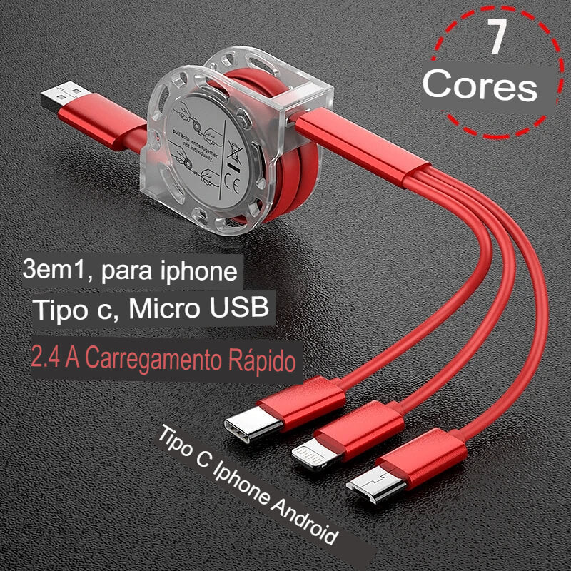 Cabo UNIVERSAL de Carregamento IOS Android  e Type-C USB 3 em 1